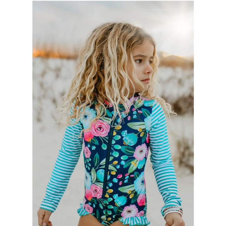 Navy Teal Stripe Zip Rash guard Swimsuit
