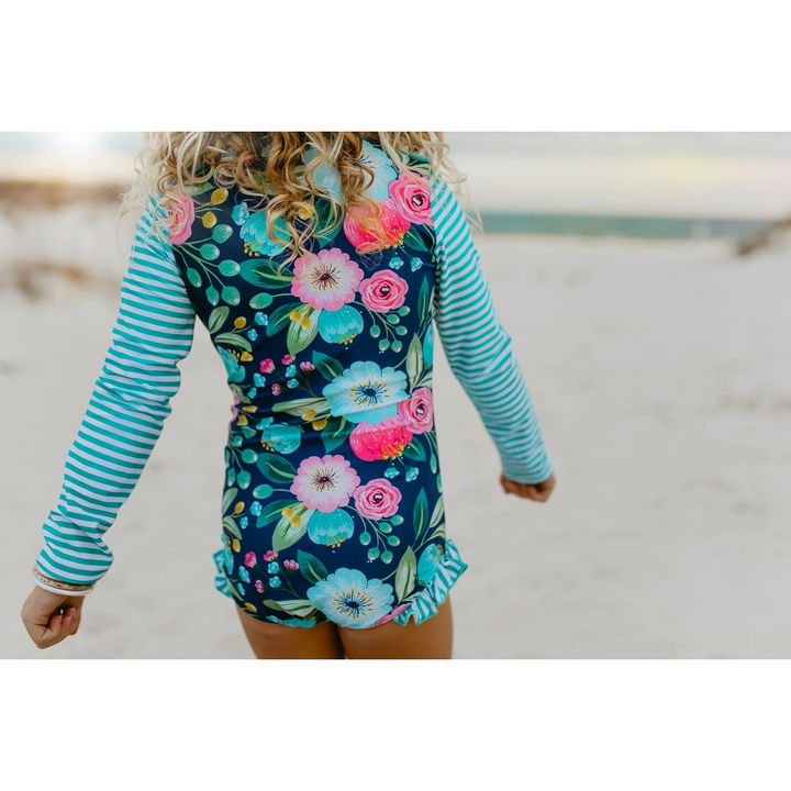 Navy Teal Stripe Zip Rash guard Swimsuit