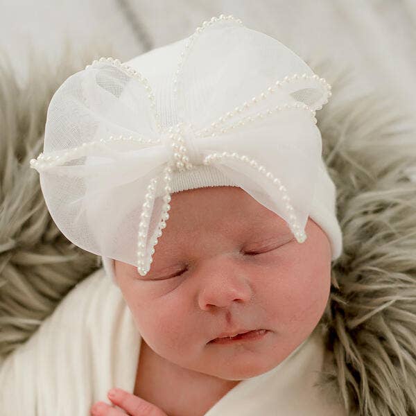 White Chiffon Pearl Bow Newborn Girl Hospital