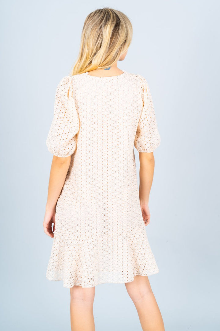 Cotton Embroidered V Neck Short Sleeve Dress with Ruffle Bottom