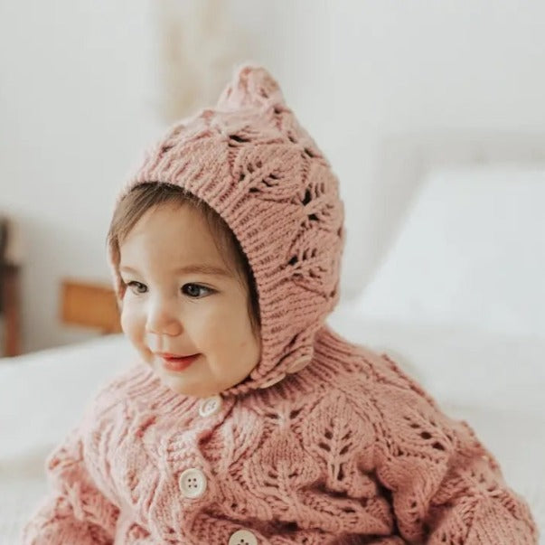 Leaf Lace Hand Knit Bonnet Rosy - Pink