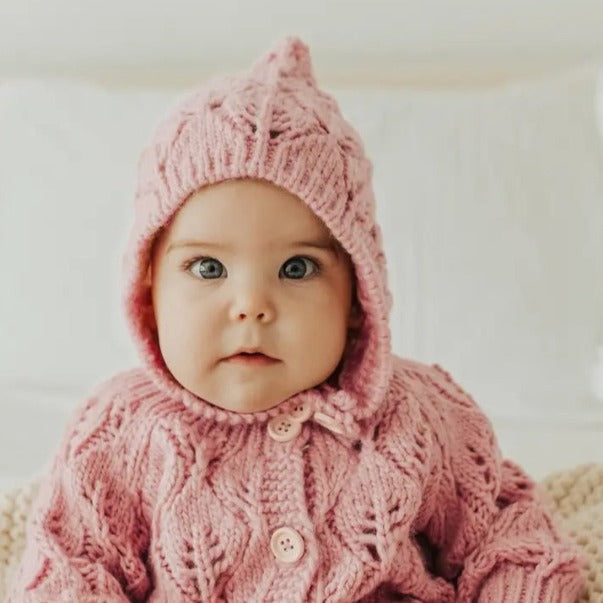 Leaf Lace Hand Knit Bonnet Rosy - Pink