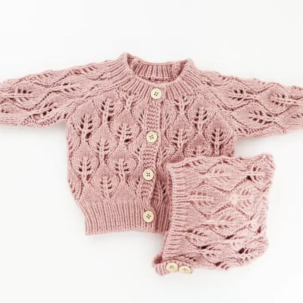 Leaf Lace Hand Knit Cardigan Sweater Rosy Pink