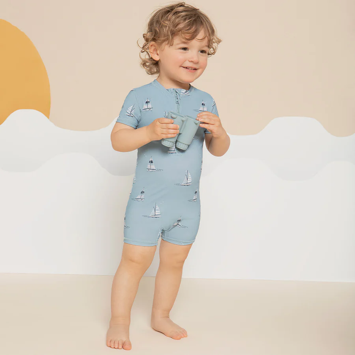 Sailboats on Dusty Blue Short Sleeve Swim Romper