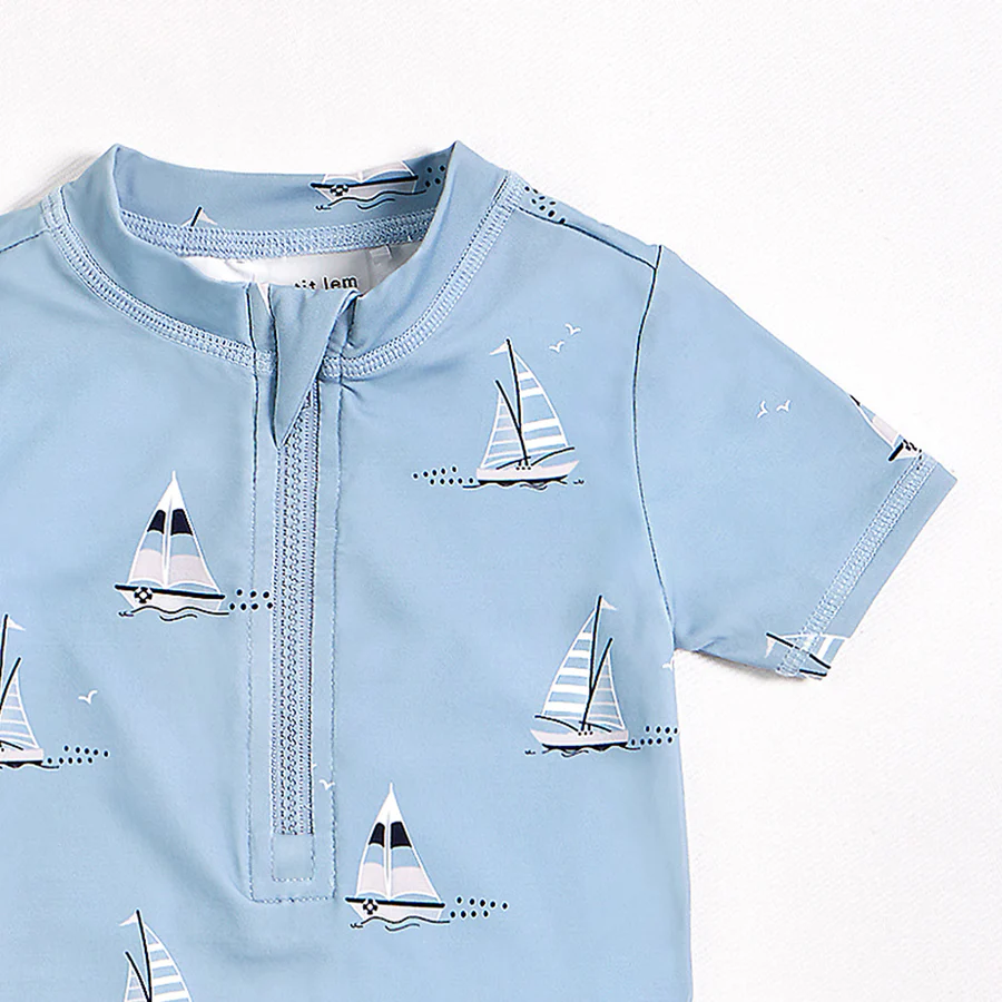 Sailboats on Dusty Blue Short Sleeve Swim Romper