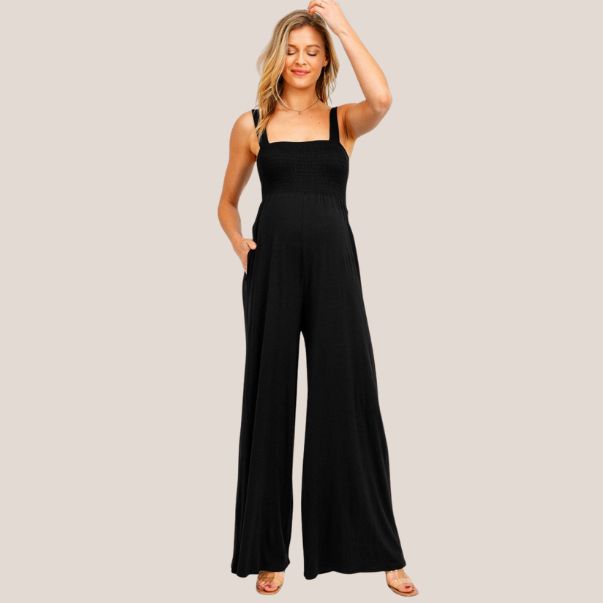 Square Neck Smocked Maternity Jumpsuit