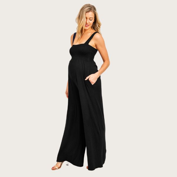 Square Neck Smocked Maternity Jumpsuit