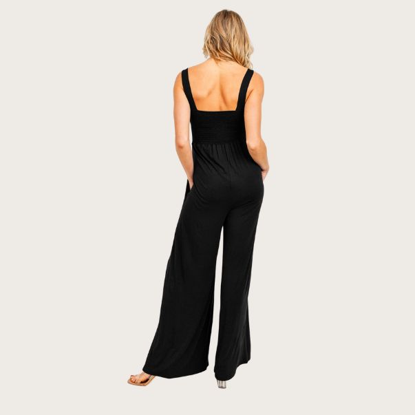 Square Neck Smocked Maternity Jumpsuit