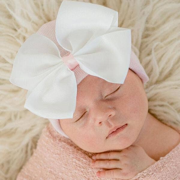 Ava Newborn Girl Hat White Bow with Pink Center