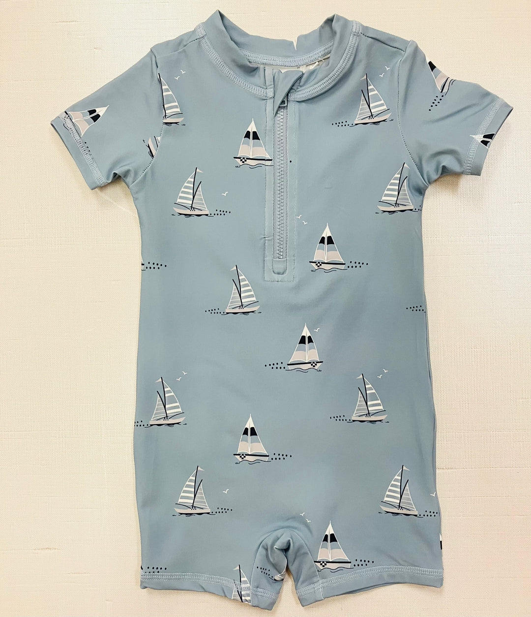 Sailboats on Dusty Blue Short Sleeve Swim Romper