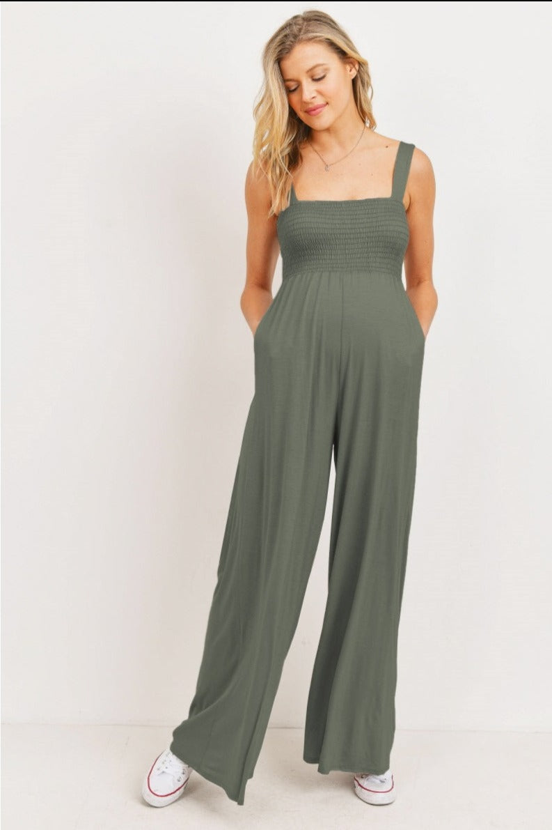 Square Neck Smocked Maternity Jumpsuit