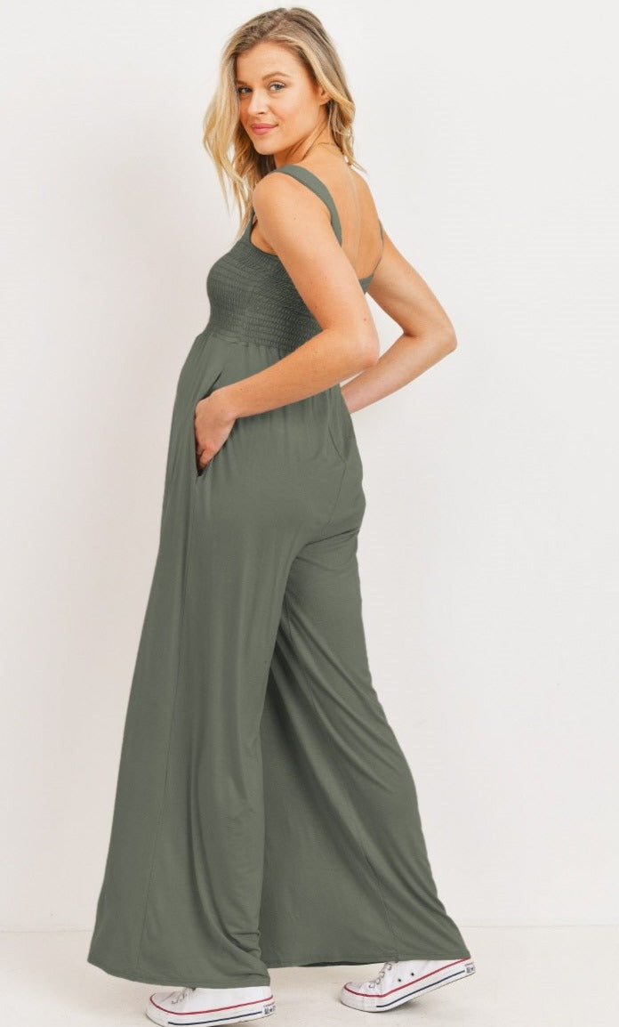 Square Neck Smocked Maternity Jumpsuit