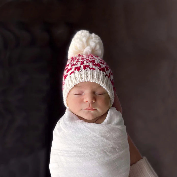 Snowfall Hat, Red | Snowflake Hand Knit Baby